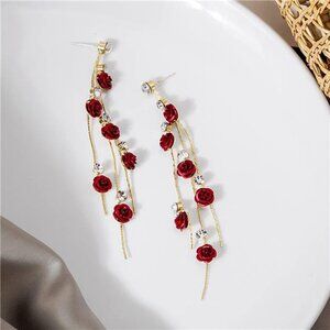 3D Rose Flower Crystal Long Tassel Drop Earrings